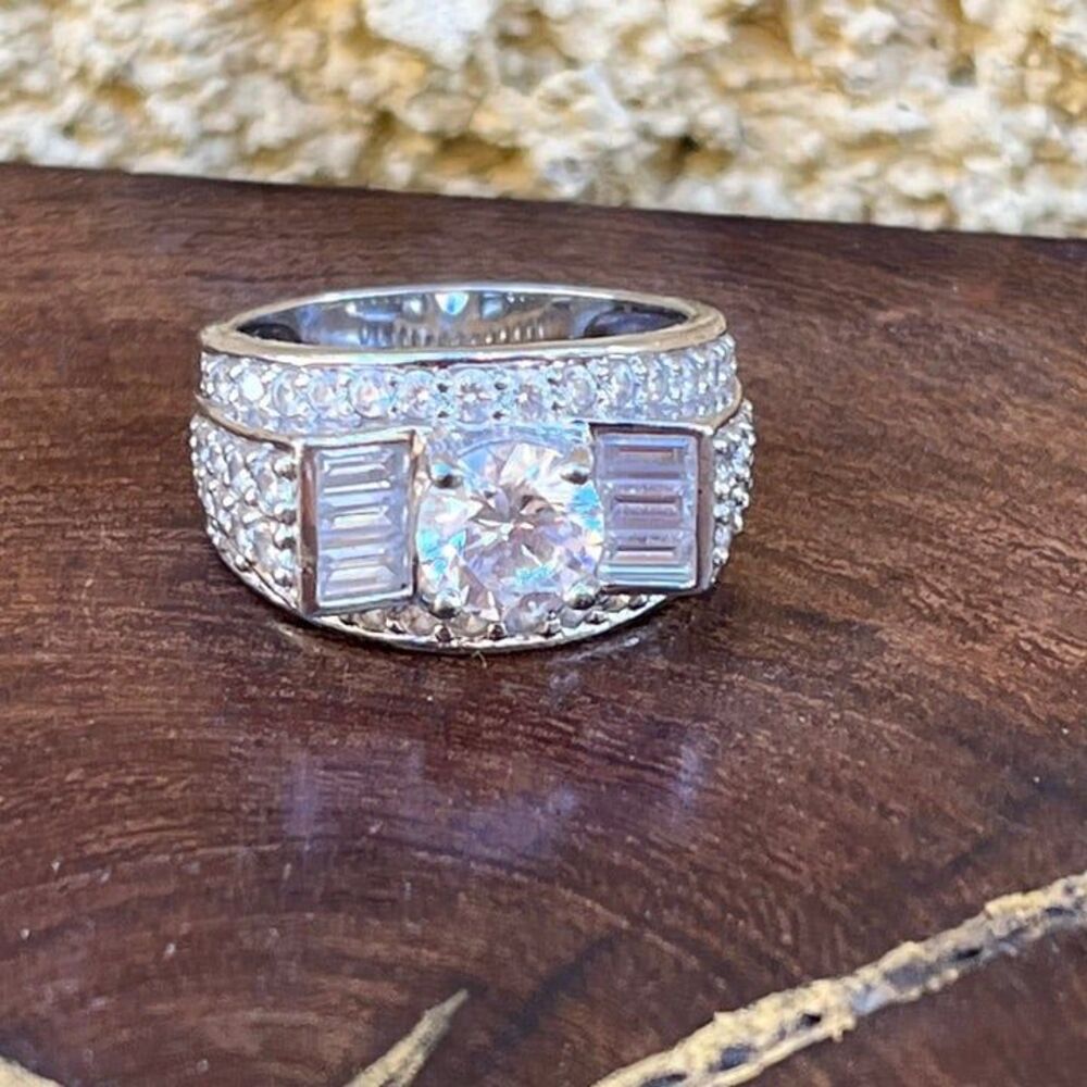 Cubic Zirconia Ring in Sterling Silver Wide cigar band Size 8 1/4